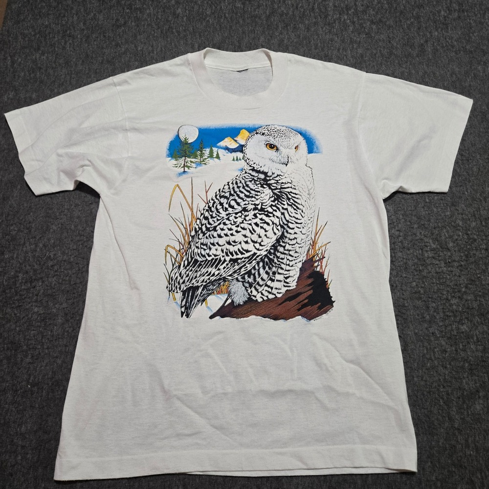 Vintage Snowy Owl T-Shirt Mens Large White Single Stitch 1987 Nature Outdoors